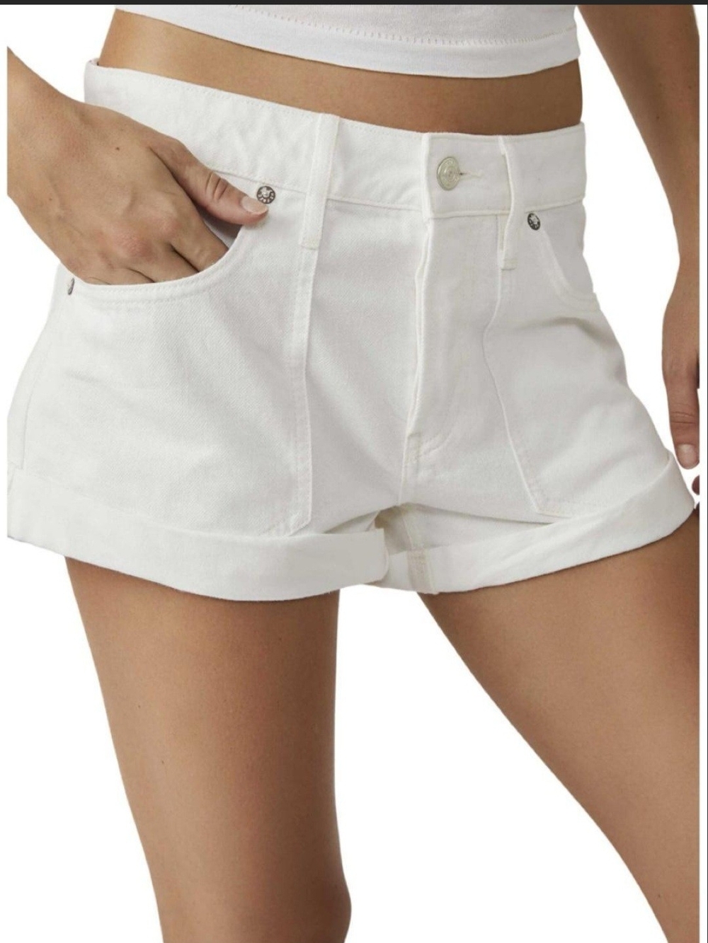 We The Free White High-Rise Roll Cuff Denim Shorts
